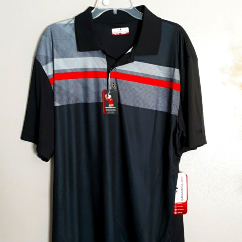 Grand Slam Black Polo with Gray Panels and Red Stripe